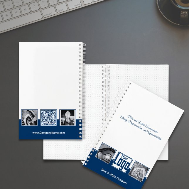 Cuaderno Personalizado promocional Imágenes Blue White Comp (Promotional Custom Images Blue White Company Notebook with Logo, Tagline, QR code)