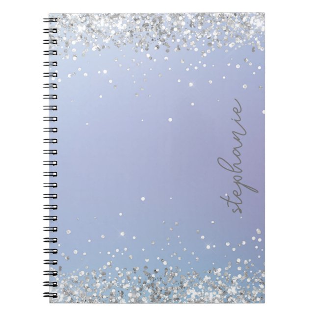 Cuaderno Personalizado Purpurina de Plata Azul (Frente)