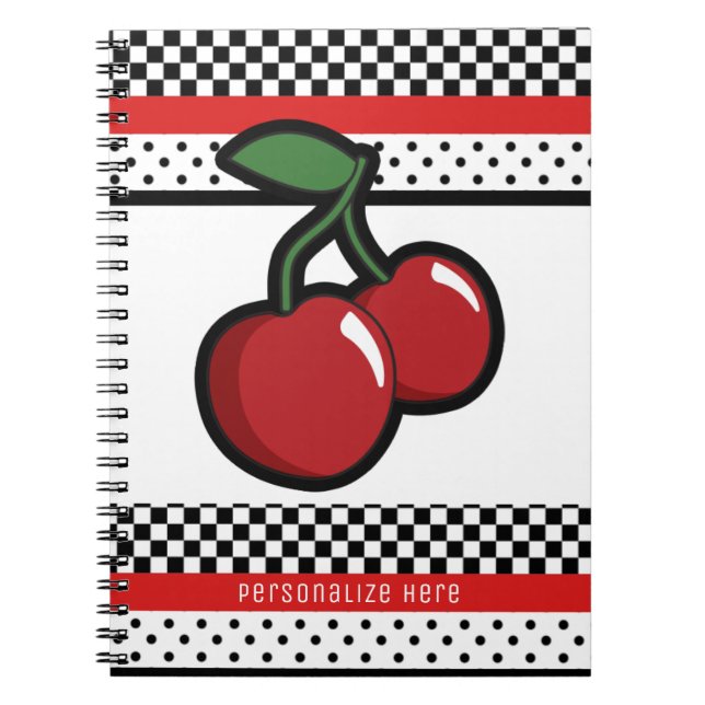 Cuaderno Personalizado Retro Blanco y Negro Rojo de cerezas (Frente)