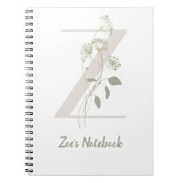 Cuaderno Personalizado Z inicial con flor de color suave po