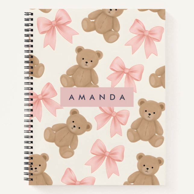 Cuaderno Personalized Cute Teddy Bear and Pink Bow Pattern (Anverso)