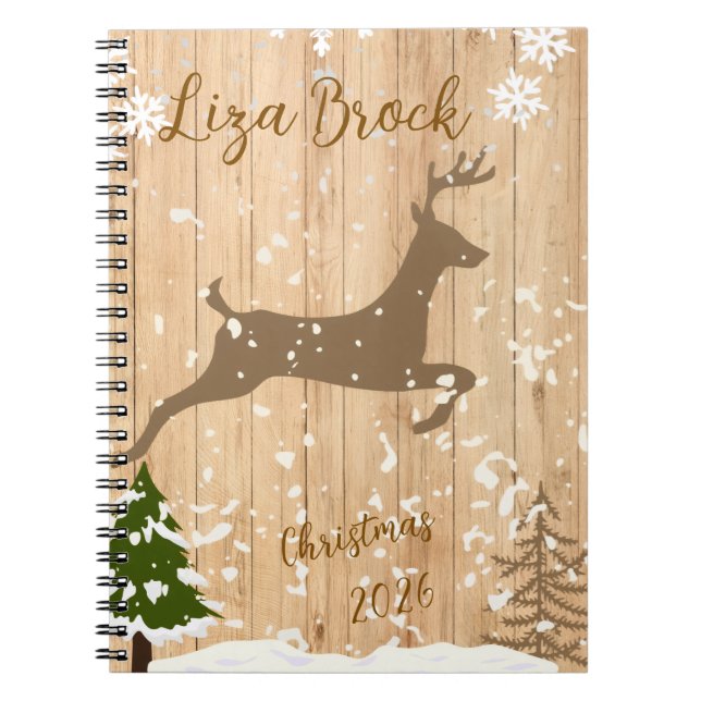Cuaderno Personalized doe Christmas bauble wooden backgroun (Frente)