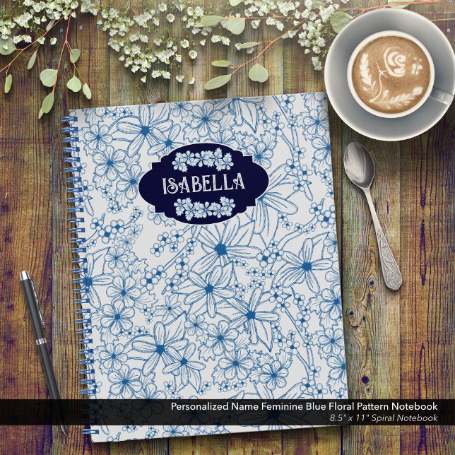 Cuaderno Personalized Name Feminine Blue Floral Pattern (Feminine Blue Floral Pattern Spiral Notebook–Personalized with Your Name)
