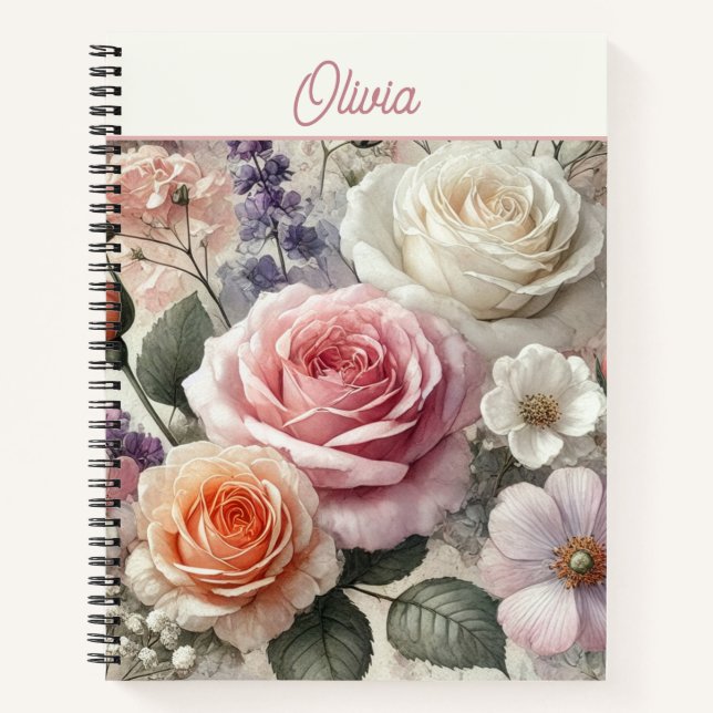 Cuaderno Personalized Pink Cream Orange Watercolor Roses (Anverso)
