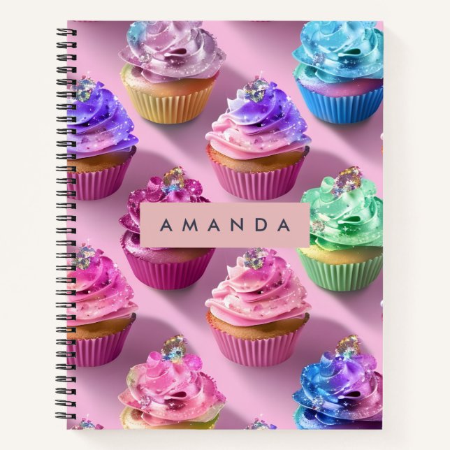 Cuaderno Personalized Rainbow Glitter Cupcakes on Pink (Anverso)