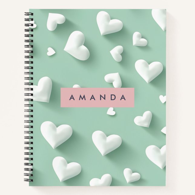 Cuaderno Personalized White Heart Pattern on Mint (Anverso)