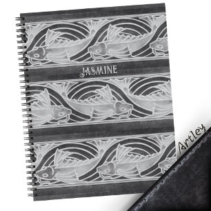 Cuaderno Pescado de Art Nouveau gris con nombre personaliza
