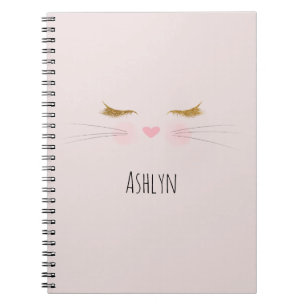Cuaderno Pestañas Brillantes Doradas Nariz Rosa Cara de Gat