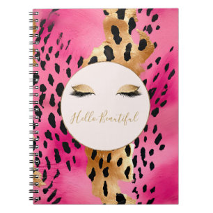 Cuaderno Pestañas femeninas rosa glamour brillo dorado leop