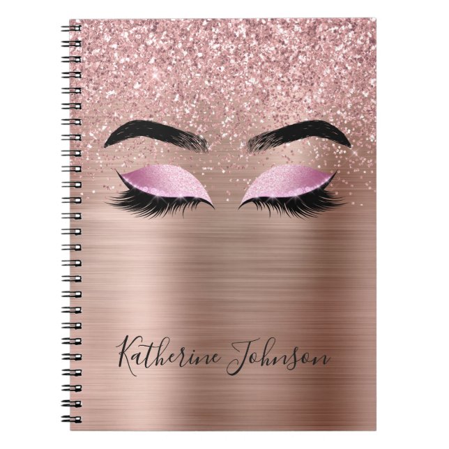 Cuaderno Pestañas Glam Rose Gold Glitter Monograma Belleza (Frente)