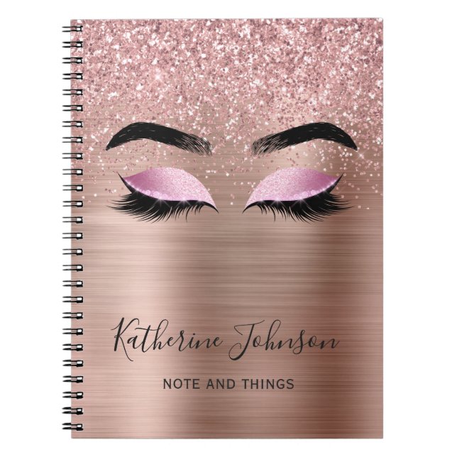 Cuaderno Pestañas Glitter Rosa Glam Monograma de Belleza (Frente)