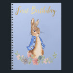 Cuaderno Peter the Rabbit with Gold First Birthday Text<br><div class="desc">Peter the Rabbit on a Blue Background with gold "First birthday" text.</div>