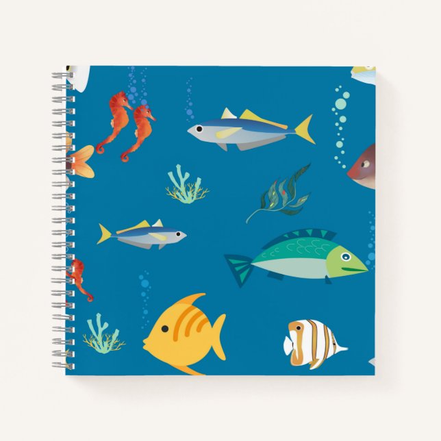 Cuaderno Pez moderno y caballito de mar patrón ilustrado az (Anverso)