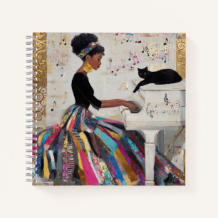 Cuaderno Pianista negra con papel de oro y gato
