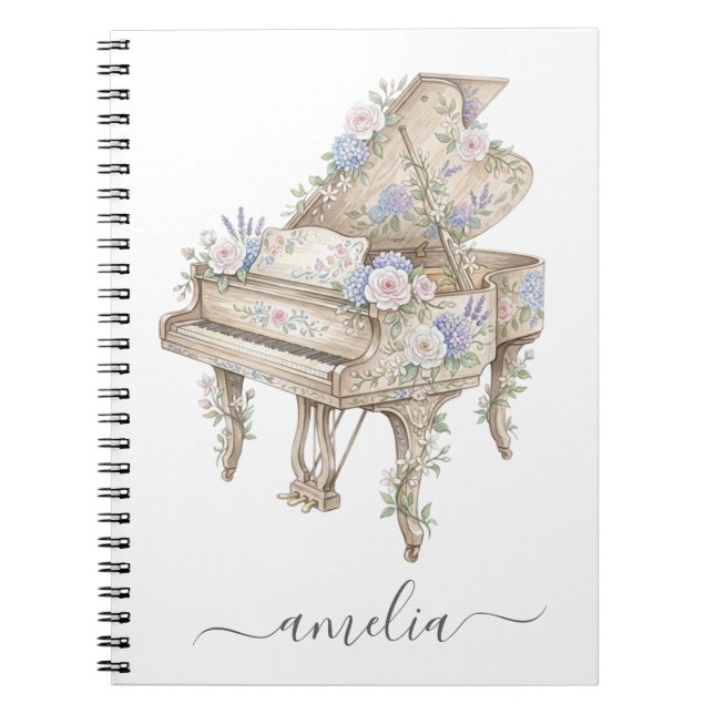 Cuaderno Piano de cola elegante personalizado con flores (Frente)