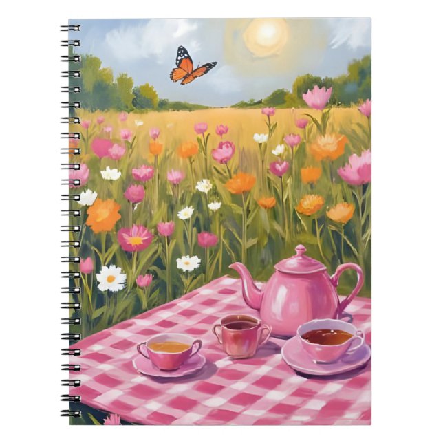 Cuaderno Picnic rosa bonito | Mariposa de té de campo de fl (Frente)