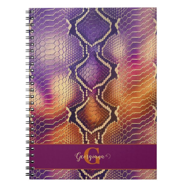 Cuaderno Piel de serpiente morada y dorada monogramada (Frente)