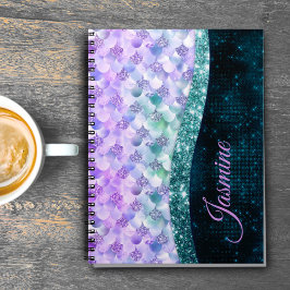 Cuaderno Piel de sirena brillo falso plata turquesa monogra