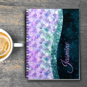 Cuaderno Piel de sirena brillo falso plata turquesa monogra