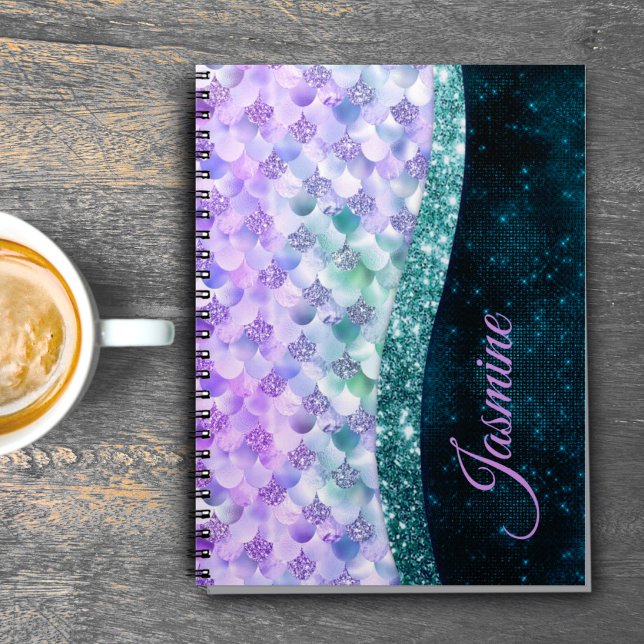 Cuaderno Piel de sirena brillo falso plata turquesa monogra (Subido por el creador)