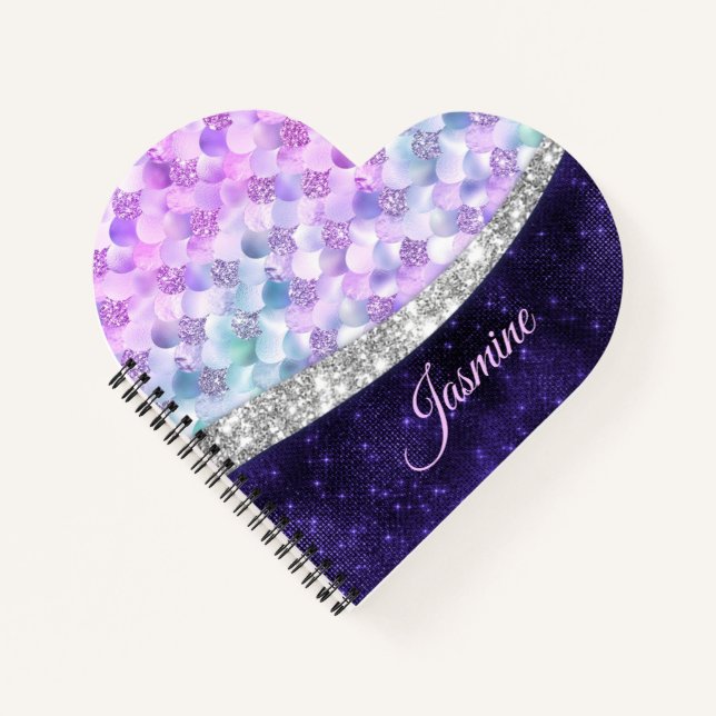 Cuaderno Piel de sirena purpura plateado brillo falso monog (Anverso)