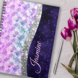 Cuaderno Piel de sirena purpura plateado brillo falso monog