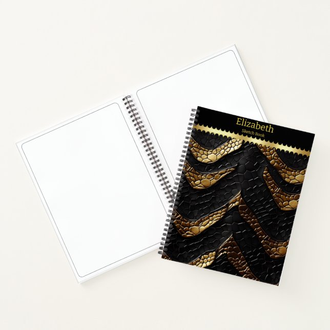Cuaderno Piel serpentina: negro y oro intrincados (Interior)