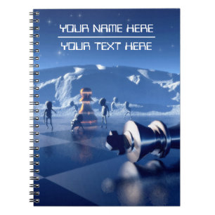 Cuaderno Piezas de ajedrez en paisaje planetario. Texto per