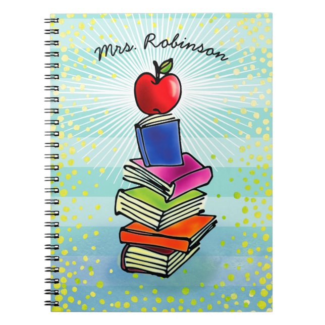 Cuaderno Pila de libros de Apple roja nombre banda turquesa (Frente)