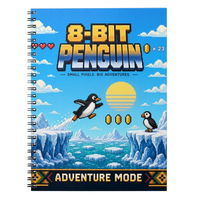 Cuaderno Pingüino, Arte de Pixel Retro de 8 Bits (Frente)