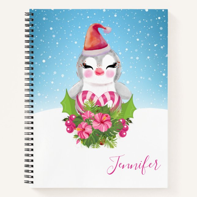 Cuaderno Pingüino de Navidades burdos en Santa Hat (Anverso)