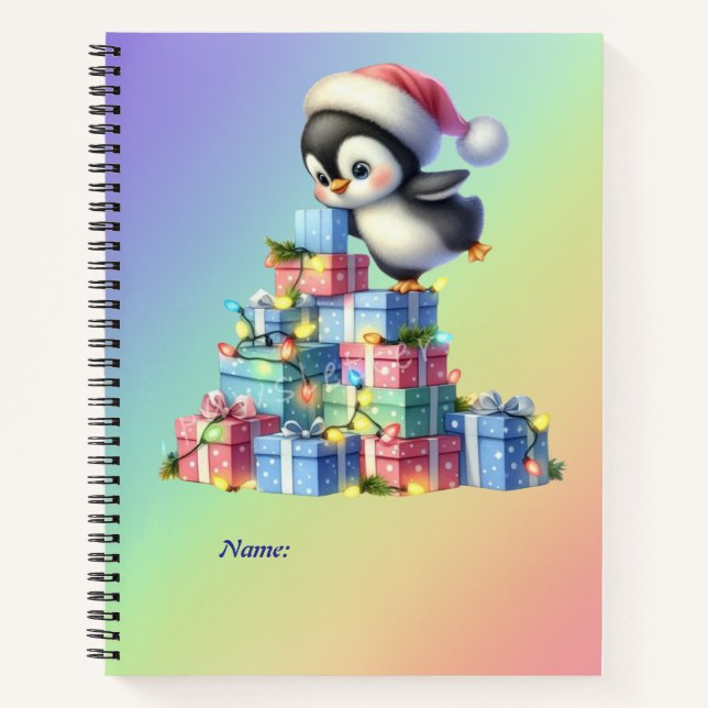 Cuaderno Pingüino Navidad con regalo y tarjeta de luz (Anverso)