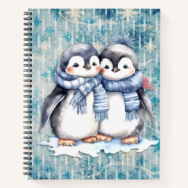 Cuaderno Pingüinos de acuarela azul invernal con escarabajo (Anverso)