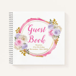 Cuaderno Pink and Purple Elegant Flower Birthday Guest Book
