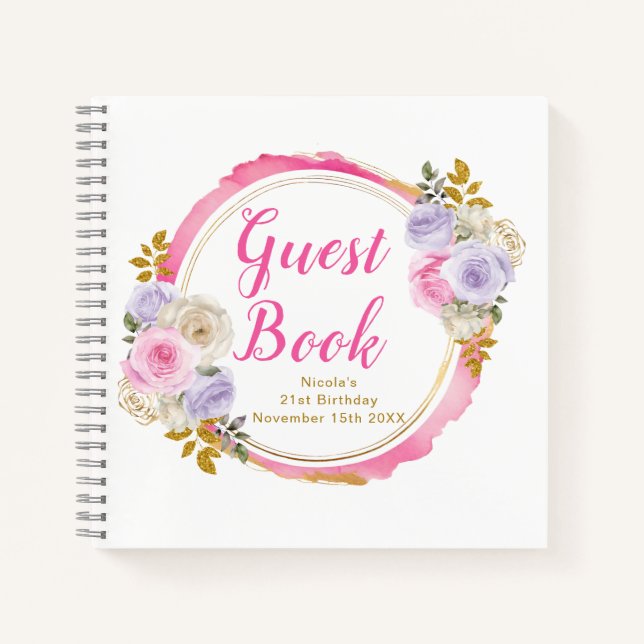 Cuaderno Pink and Purple Elegant Flower Birthday Guest Book (Anverso)