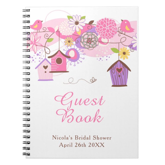 Cuaderno Pink and Purple Floral Bird Houses Bridal Shower (Frente)