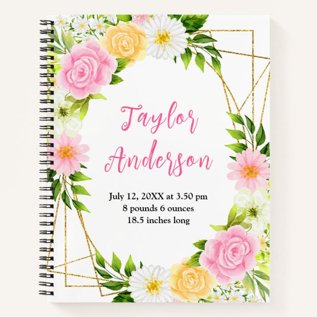 Cuaderno Pink and Yellow Floral Baby Birth Stats (Anverso)