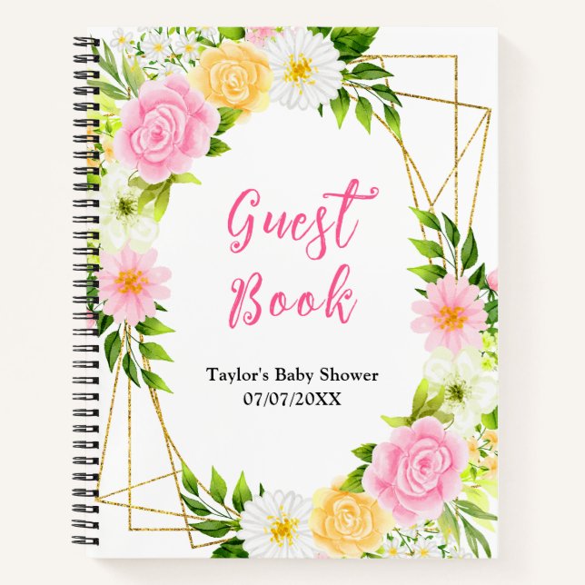 Cuaderno Pink and Yellow Floral Baby Shower Guest Book (Anverso)