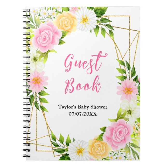 Cuaderno Pink and Yellow Floral Baby Shower Guest Book (Frente)