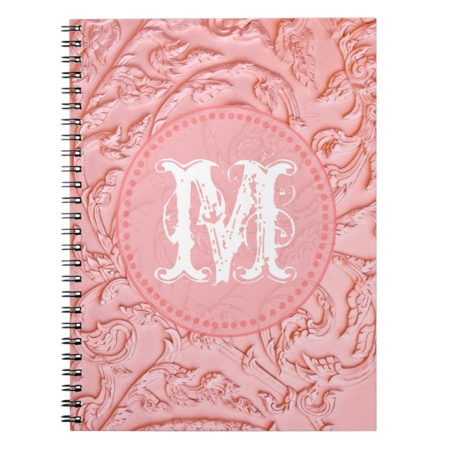 Cuaderno Pink Filigree Wood Carv Monograma Nota Inicial (Frente)