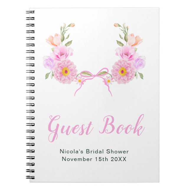 Cuaderno Pink Floral Ribbon Bridal Shower Guest Book (Frente)
