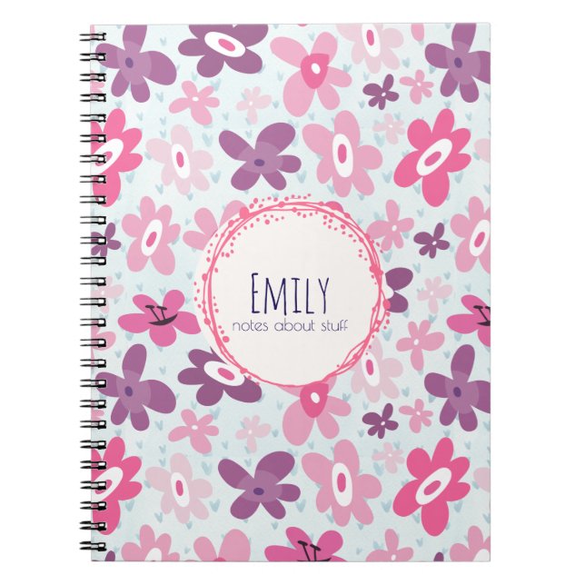 Cuaderno Pink Flowers Cute Whimsical Pattern Personalized (Frente)