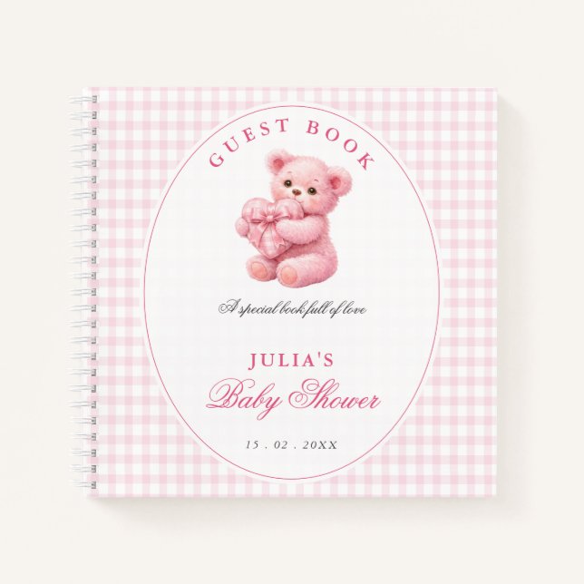 Cuaderno Pink Gingham Teddy Bear Neutral Baby Shower (Anverso)