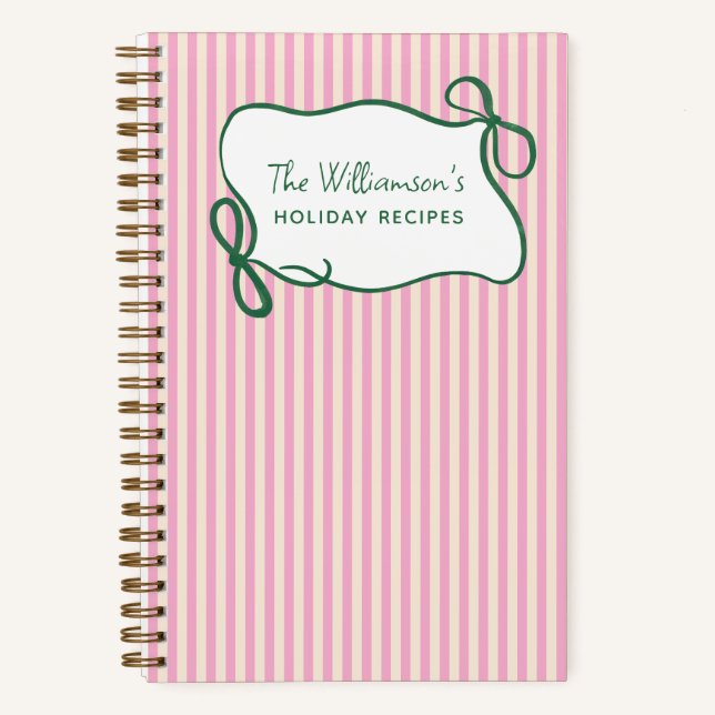 Cuaderno Pink Green Striped Bow Custom Christmas Recipe (Anverso)