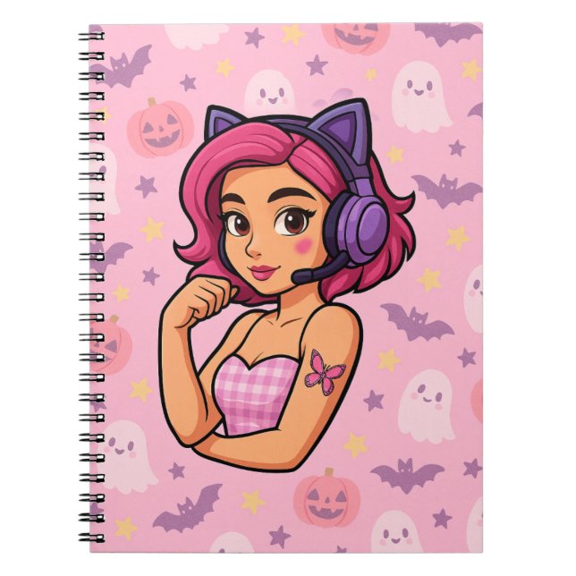 Cuaderno Pink Halloween Gamer Girl Notebook | Kawaii Ghosts (Frente)