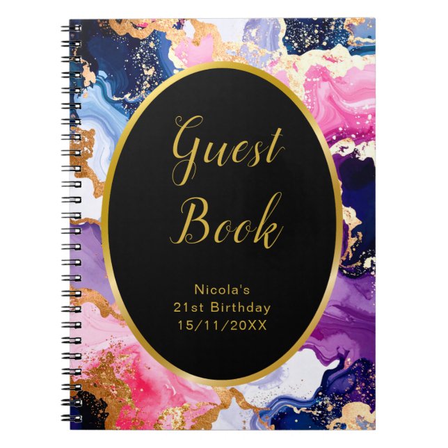 Cuaderno Pink, Navy Blue and Gold Ink Birthday Guest Book (Frente)