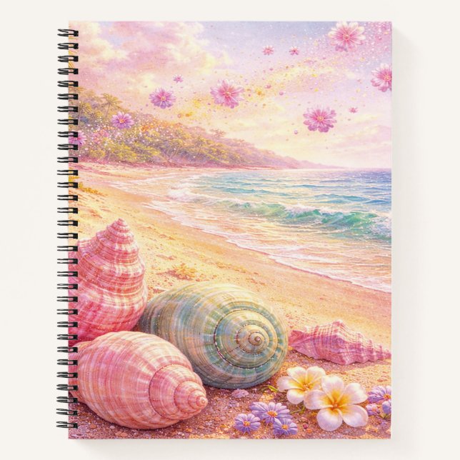 Cuaderno Pink Ocean Beach Shells Flowers Fantasy Landscape (Anverso)
