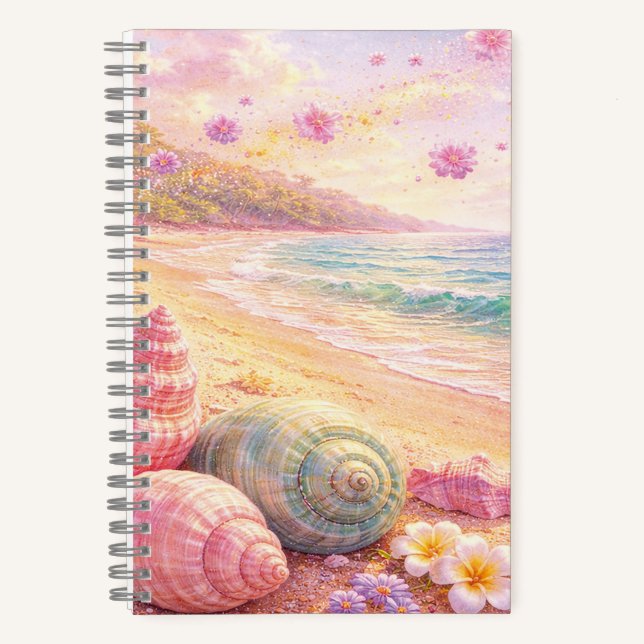 Cuaderno Pink Ocean Beach Shells Flowers Fantasy Landscape (Anverso)