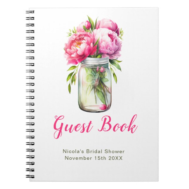 Cuaderno Pink Peonies Mason Jar Bridal Shower Guest Book (Frente)