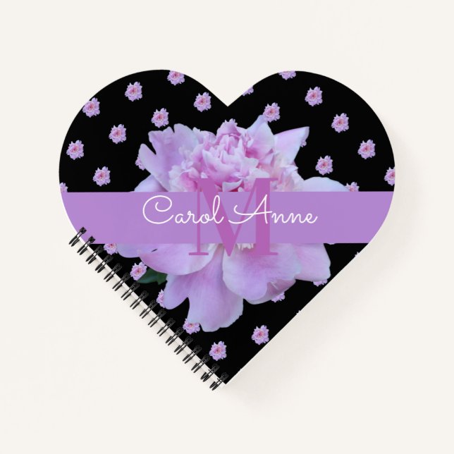 Cuaderno Pink Peony Flor Morado Monograma Negro (Anverso)